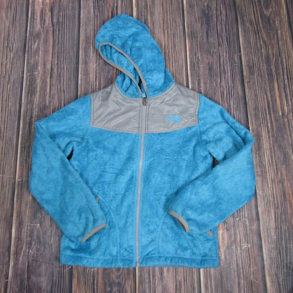 North Face Jacket Girls Medium 10/12 Blue Gray Hooded Full Zip Fleece Outdoor - Picture 1 of 7